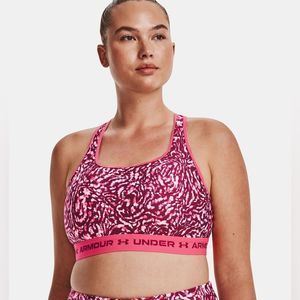 NEW Under Armor Bra - Crossback Compression Mid-Print Black Rose Pink Print 3X